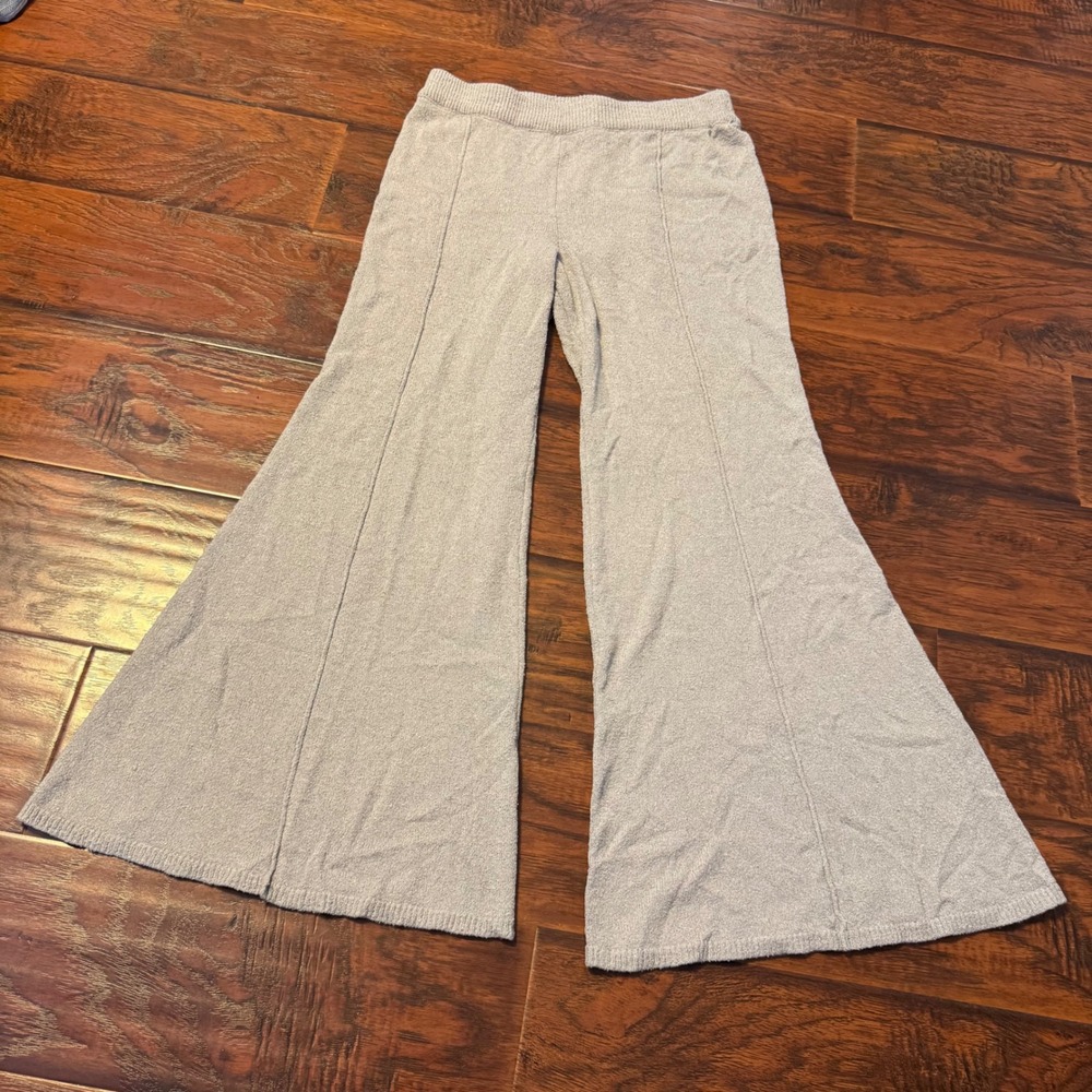 Boho Flare Knit Pants Women Size S FP Beach Free People Beige Wide Leg Lounge